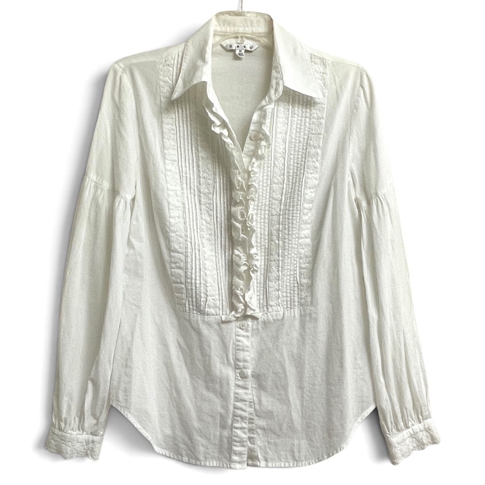 CAbi Ruffle Pintuck Blouse Women Size M White Long Sleeve Cotton Top 217